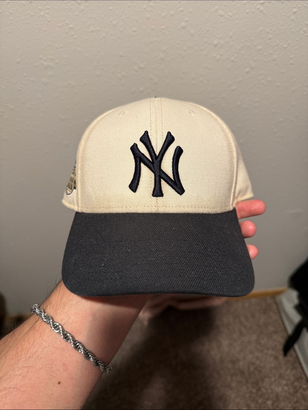 Two-Tone Baseball Cap in Cream and Black with Embroidered NY Logo